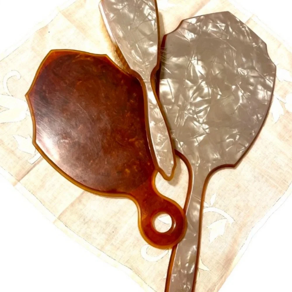 Vintage Brown Hand Mirror and Brush Set